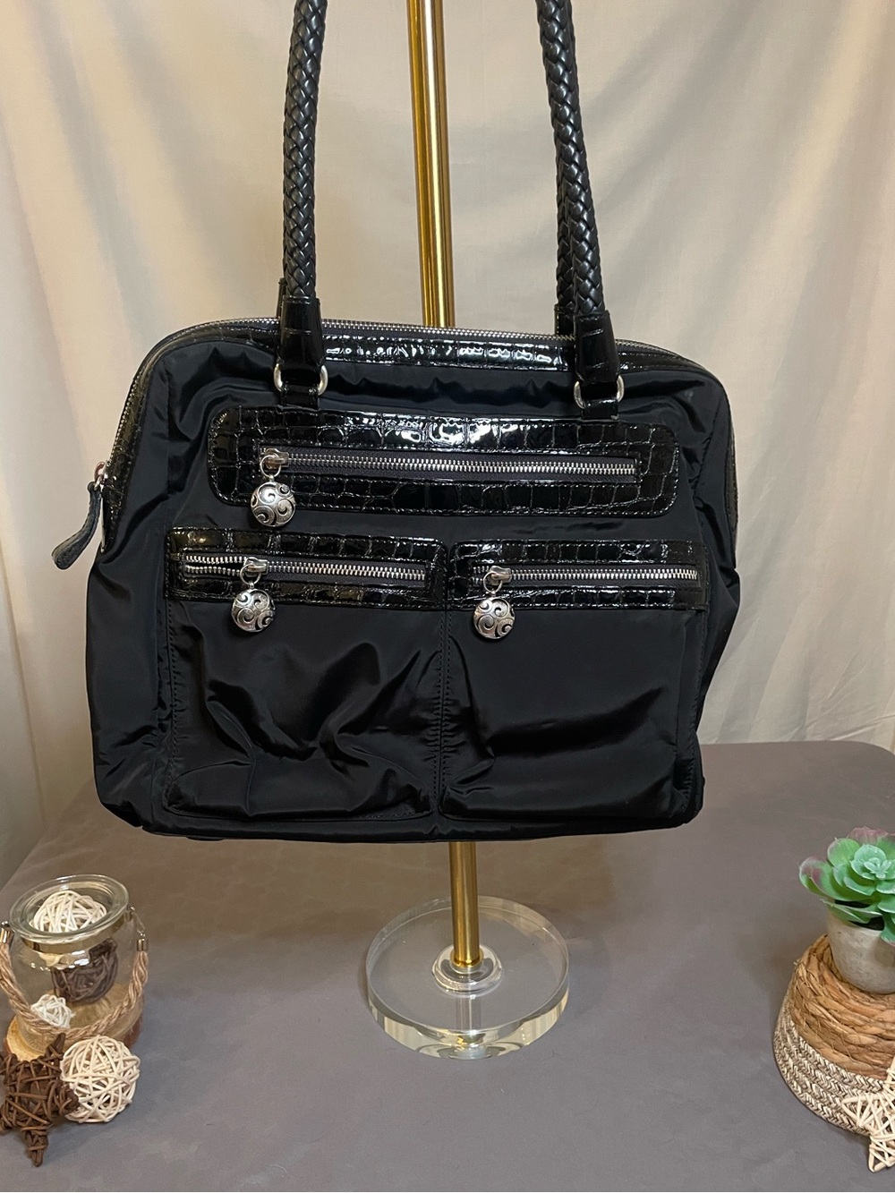 Brighton Black Patent-Trim Shoulder Tote